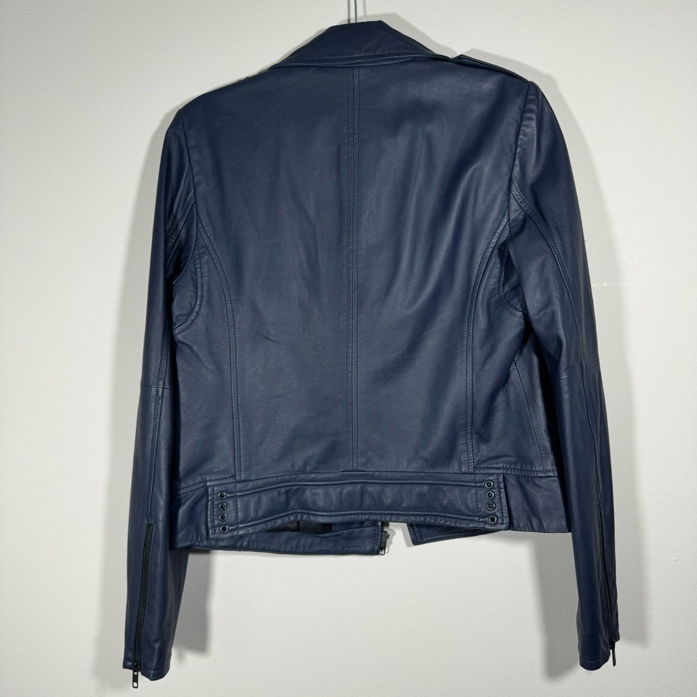 JOIE Caldine Moto Jacket Navy Blue Leather Zip Up Collared Women’s Size Medium - Picture 5 of 16